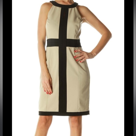 Ann Taylor black tan block front key hole back exposed zipper shift dress Sz 4 - Picture 1 of 9